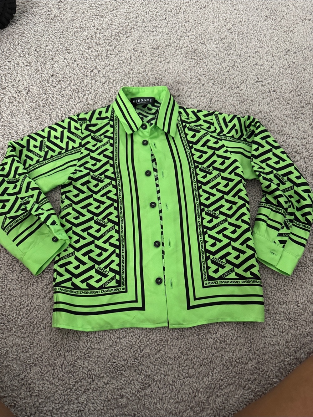 Versace Neon Green and Black Monogram Button-Down Shirt